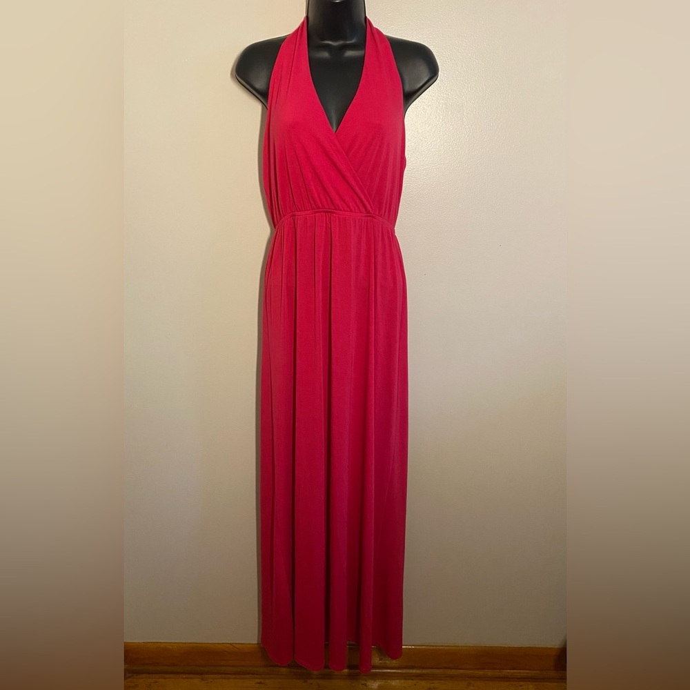 Hot Pink Halter Maxi Dress Jersey Knit Size Medium EUC August Salt